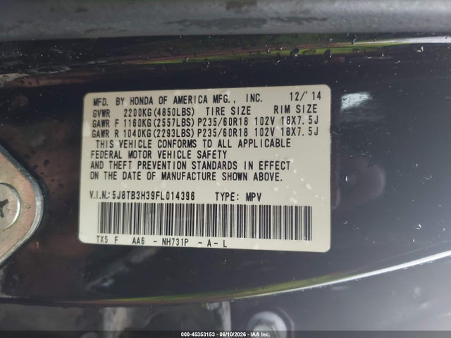 Aukcja sprzedaży 2015 Acura Rdx, vin: 5J8TB3H39FL014396, numer aukcji: 45353153