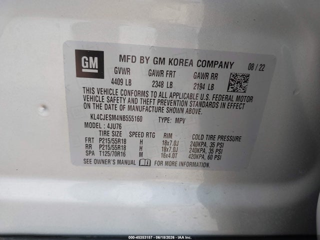 45353157 :رقم المزاد ، KL4CJESM4NB555160 vin ، 2022 Buick Encore Awd Preferred مزاد بيع