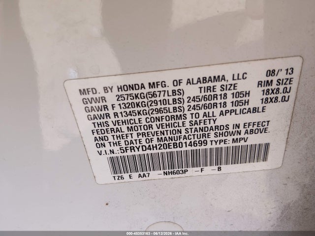 45353163 :رقم المزاد ، 5FRYD4H20EB014699 vin ، 2014 Acura Mdx مزاد بيع