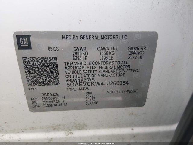 45353171 :رقم المزاد ، 5GAEVCKW4JJ266354 vin ، 2018 Buick Enclave Avenir مزاد بيع