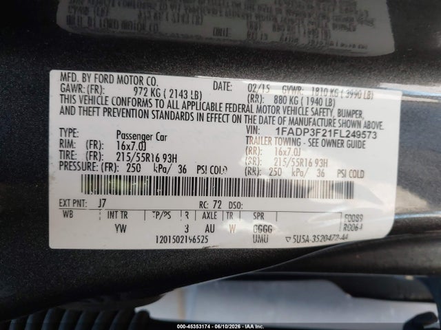 2015 Ford Focus Se მანქანა იყიდება აუქციონზე, vin: 1FADP3F21FL249573, აუქციონის ნომერი: 45353174