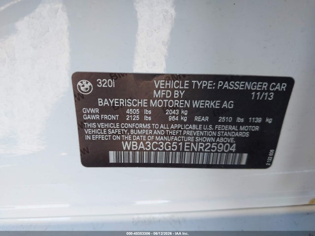 Продаж на аукціоні авто 2014 Bmw 320i Xdrive, vin: WBA3C3G51ENR25904, номер лоту: 45353306