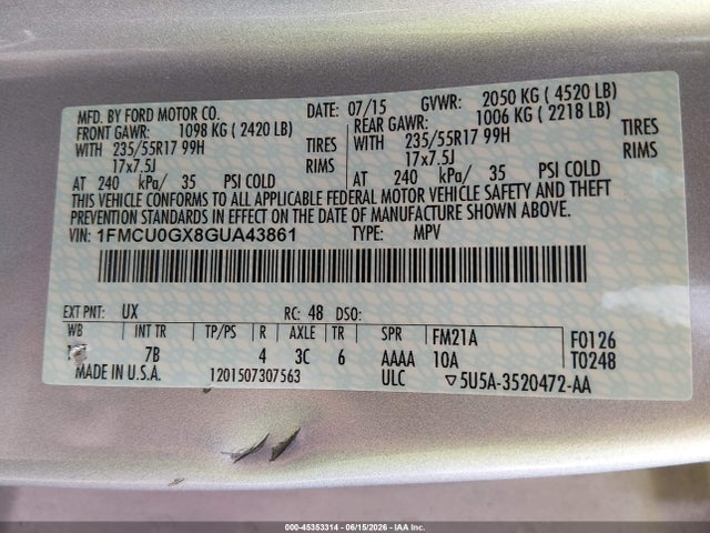 Продажа на аукционе авто 2016 Ford Escape Se, vin: 1FMCU0GX8GUA43861, номер лота: 45353314