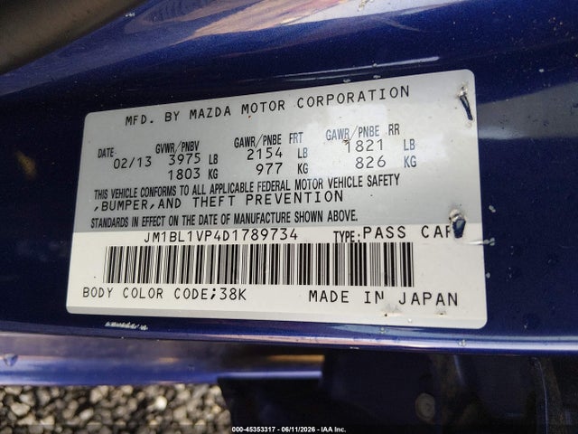 Aukcja sprzedaży 2013 Mazda Mazda3 I Touring, vin: JM1BL1VP4D1789734, numer aukcji: 45353317