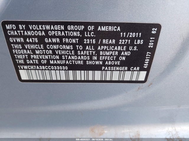 45353321 :رقم المزاد ، 1VWCH7A38CC033030 vin ، 2012 Volkswagen Passat 2.5l Sel مزاد بيع