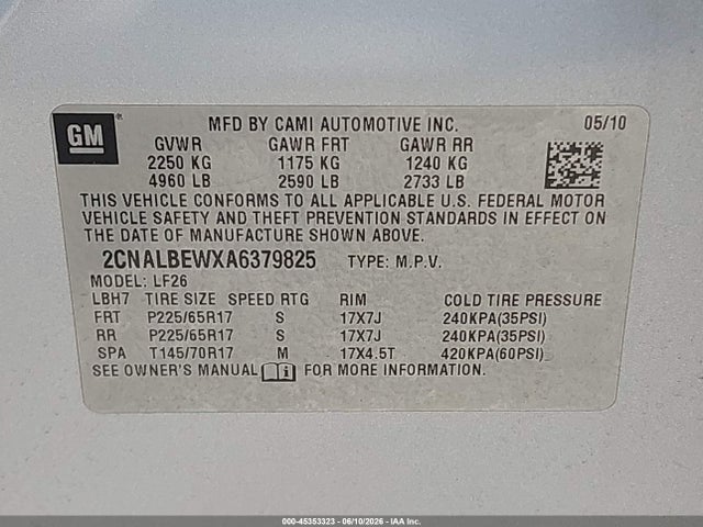 45353323 :رقم المزاد ، 2CNALBEWXA6379825 vin ، 2010 Chevrolet Equinox Ls مزاد بيع