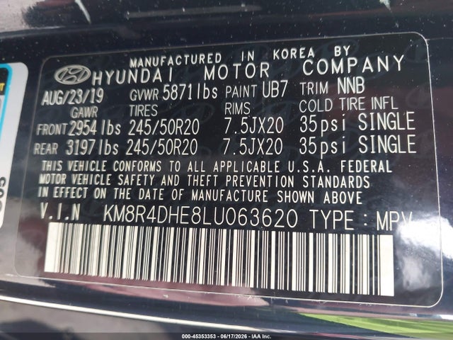 Продаж на аукціоні авто 2020 Hyundai Palisade Sel, vin: KM8R4DHE8LU063620, номер лоту: 45353353