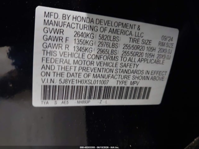 45353355 :رقم المزاد ، 5J8YE1H0XSL011007 vin ، 2025 Acura Mdx A-spec مزاد بيع