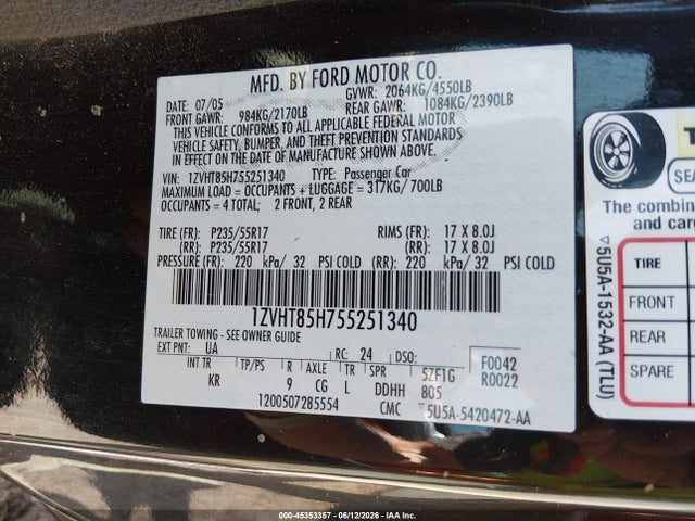 Продажа на аукционе авто 2005 Ford Mustang Gt, vin: 1ZVHT85H755251340, номер лота: 45353357