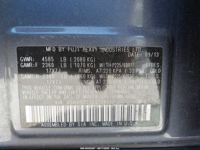 Subaru Outback 2.5i Limited 2014 4S4BRBPC5E3234727 Image 9