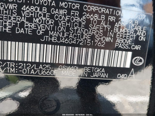 Aukcja sprzedaży 2007 Lexus Es 350, vin: JTHBJ46G472151762, numer aukcji: 45353385