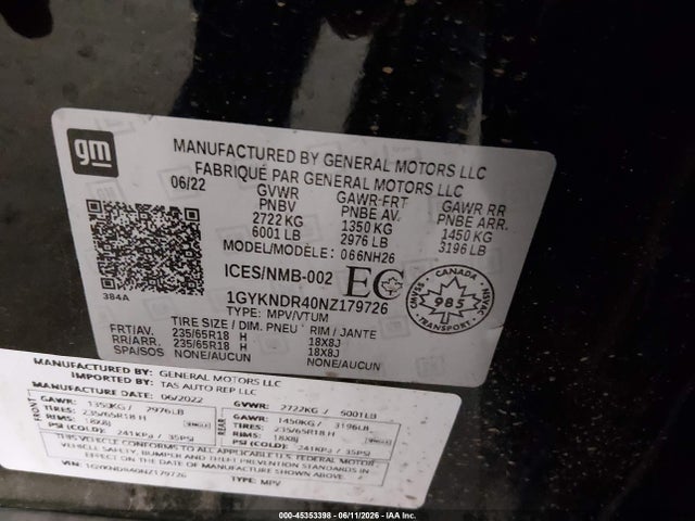 45353398 :رقم المزاد ، 1GYKNDR40NZ179726 vin ، 2022 Cadillac Xt5 Premium Luxury مزاد بيع