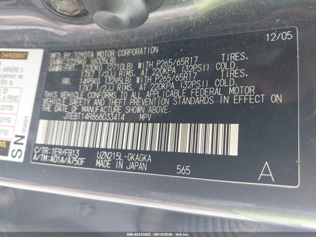 2006 Toyota 4runner Sr5 Sport V8 მანქანა იყიდება აუქციონზე, vin: JTEBT14R868033414, აუქციონის ნომერი: 45353402