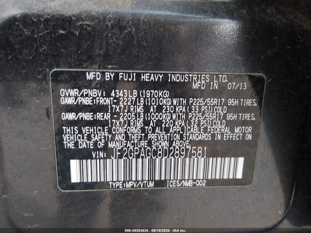 Aukcja sprzedaży 2013 Subaru Xv Crosstrek 2.0i Limited, vin: JF2GPAGC8D2897581, numer aukcji: 45353434