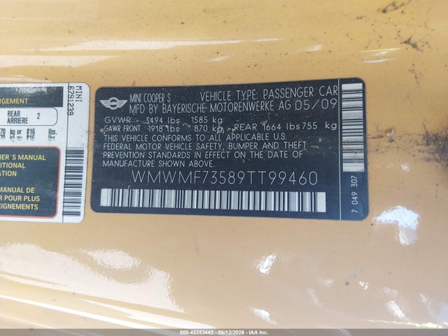 Продажа на аукционе авто 2009 Mini Cooper S, vin: WMWMF73589TT99460, номер лота: 45353442