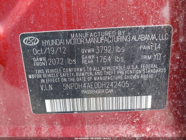 2013 Hyundai Elantra Limited მანქანა იყიდება აუქციონზე, vin: 5NPDH4AE0DH242405, აუქციონის ნომერი: 45353445