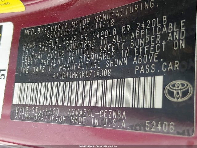 45353449 :رقم المزاد ، 4T1B11HK1KU714308 vin ، 2019 Toyota Camry Le مزاد بيع