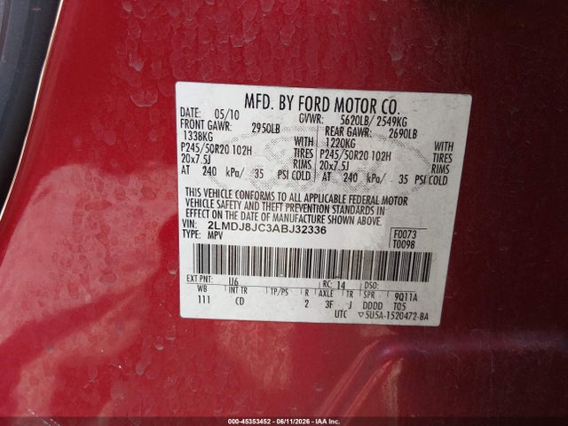 Aukcja sprzedaży 2010 Lincoln Mkx, vin: 2LMDJ8JC3ABJ32336, numer aukcji: 45353452