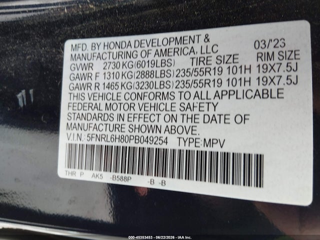Honda Odyssey Touring 2023 5FNRL6H80PB049254 Image 9