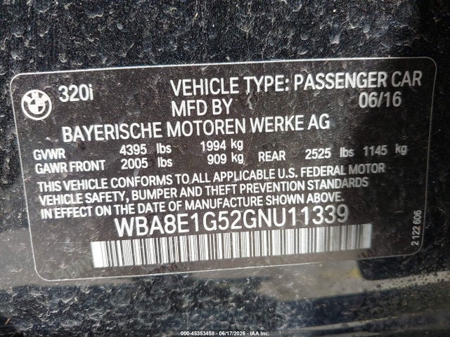 Aukcja sprzedaży 2016 Bmw 320i, vin: WBA8E1G52GNU11339, numer aukcji: 45353458