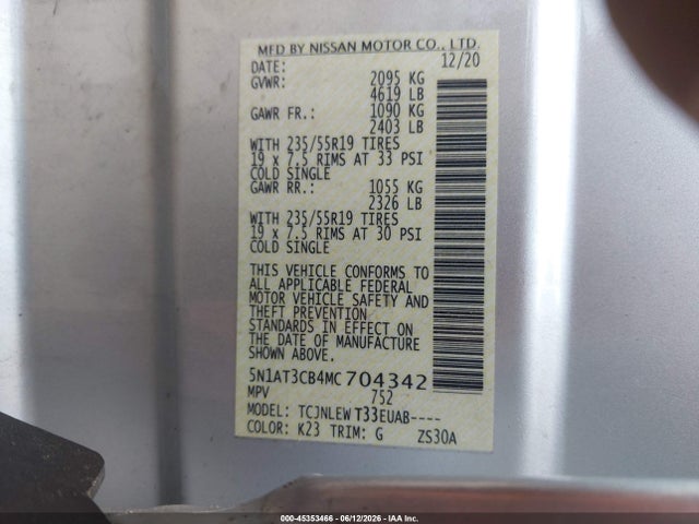 5N1AT3CB4MC704342 Nissan Rogue Sl Intelligent Awd