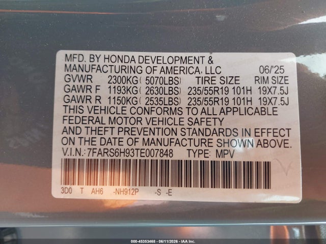 7FARS6H93TE007848 Honda Cr-v Hybrid Awd Sport Touring