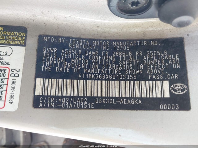 2006 Toyota Avalon Xls მანქანა იყიდება აუქციონზე, vin: 4T1BK36BX6U103355, აუქციონის ნომერი: 45353477
