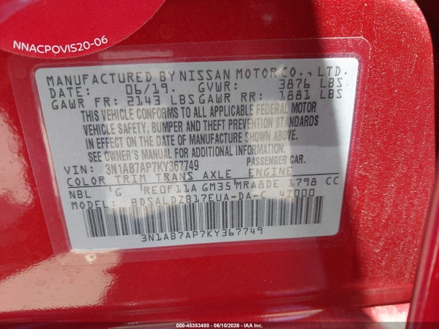 Aukcja sprzedaży 2019 Nissan Sentra Sv, vin: 3N1AB7AP7KY367749, numer aukcji: 45353480