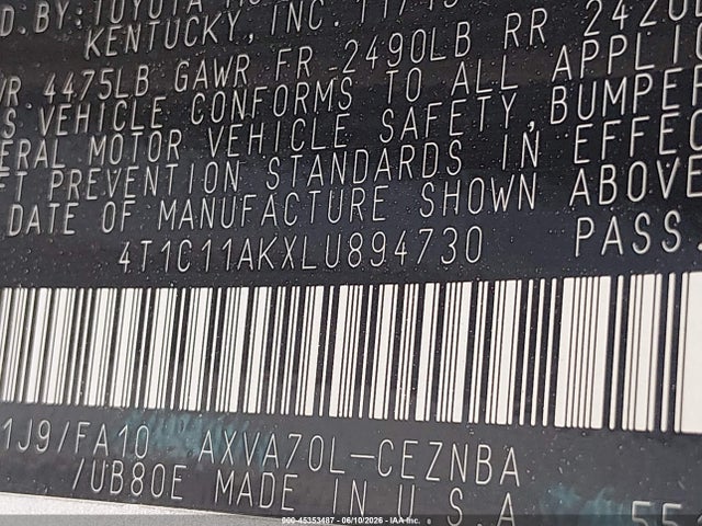 45353487 :رقم المزاد ، 4T1C11AKXLU894730 vin ، 2020 Toyota Camry Le مزاد بيع