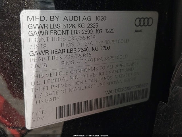 Продажа на аукционе авто 2021 Audi Q3 Premium 45 Tfsi S Line Quattro Tiptronic, vin: WA1DECF3XM1035967, номер лота: 45353511