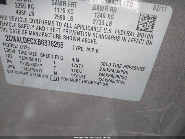 Aukcja sprzedaży 2011 Chevrolet Equinox 1lt, vin: 2CNALDECXB6378256, numer aukcji: 45353516