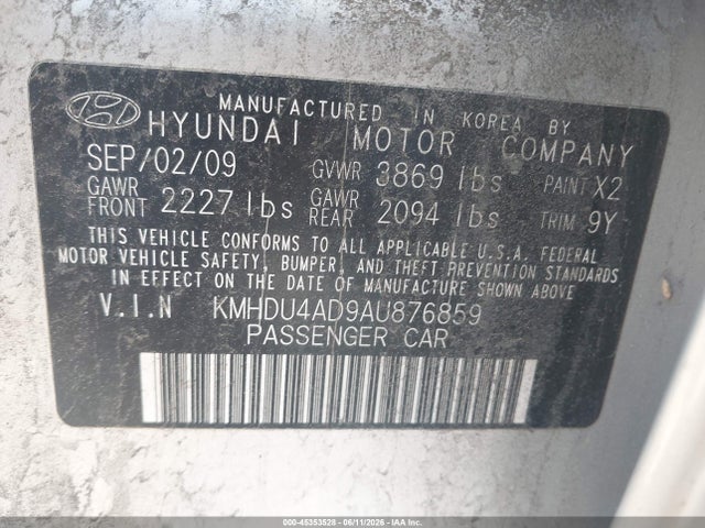 2010 Hyundai Elantra Gls მანქანა იყიდება აუქციონზე, vin: KMHDU4AD9AU876859, აუქციონის ნომერი: 45353528