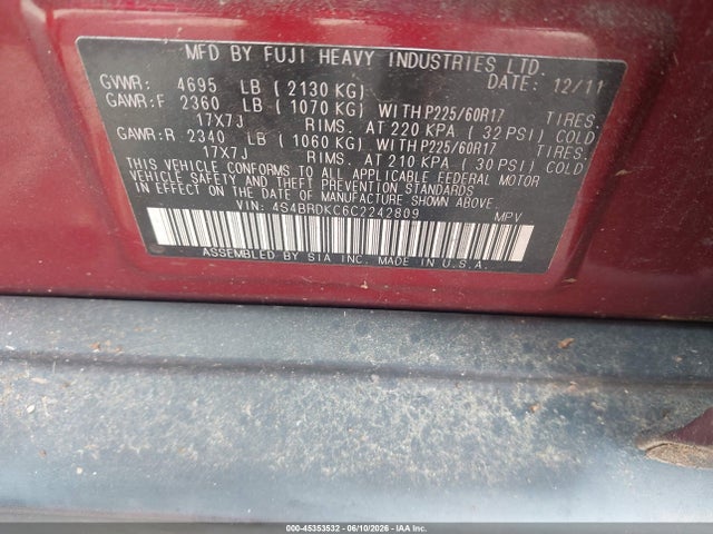 Aukcja sprzedaży 2012 Subaru Outback 3.6r Limited, vin: 4S4BRDKC6C2242809, numer aukcji: 45353532