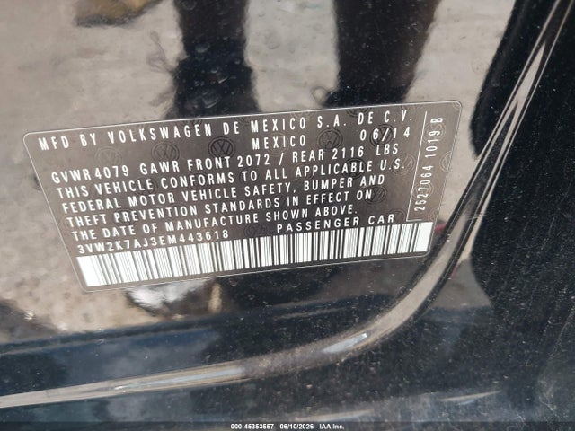 2014 Volkswagen Jetta 2.0l S მანქანა იყიდება აუქციონზე, vin: 3VW2K7AJ3EM443618, აუქციონის ნომერი: 45353557