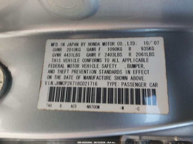 Aukcja sprzedaży 2008 Honda Accord 2.4 Ex, vin: JHMCP26718C021716, numer aukcji: 45353564