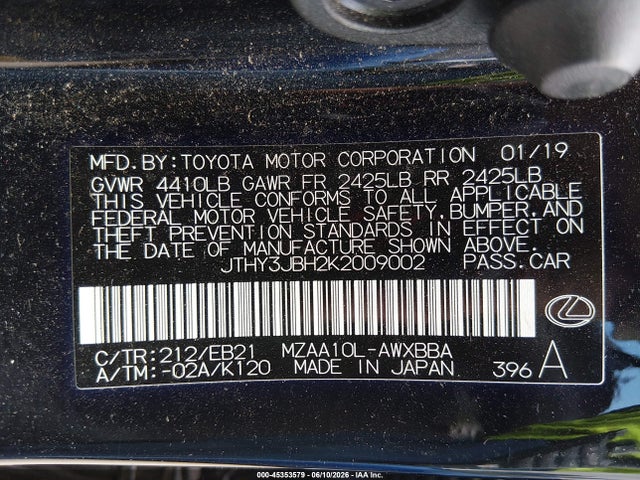 45353579 :رقم المزاد ، JTHY3JBH2K2009002 vin ، 2019 Lexus Ux 200 F Sport مزاد بيع