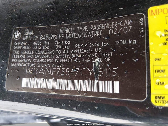 Продаж на аукціоні авто 2007 Bmw 530xi, vin: WBANF73547CY18115, номер лоту: 45353597