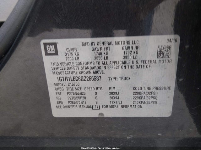 Продажа на аукционе авто 2016 Gmc Sierra 1500, vin: 1GTR1LEC6GZ266587, номер лота: 45353598