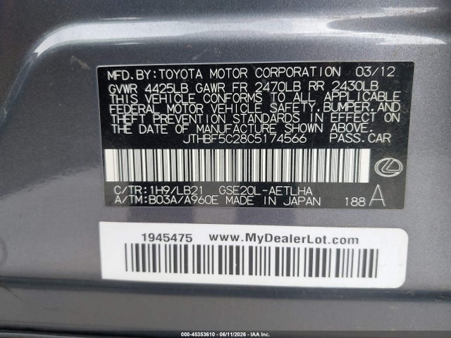 Продаж на аукціоні авто 2012 Lexus Is 250, vin: JTHBF5C28C5174566, номер лоту: 45353610