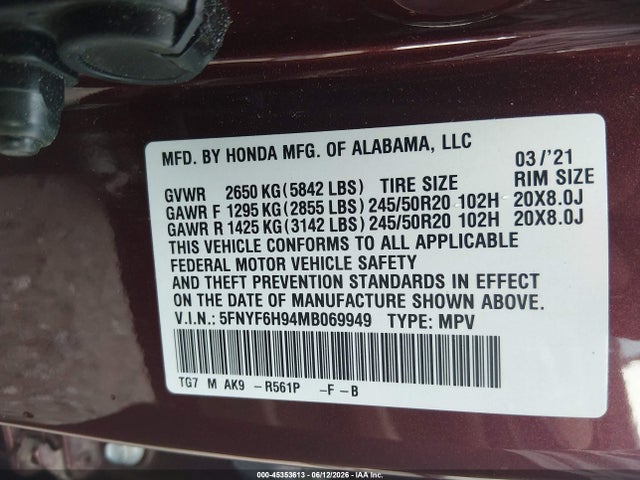 Продажа на аукционе авто 2021 Honda Pilot Awd Touring 8 Passenger, vin: 5FNYF6H94MB069949, номер лота: 45353613