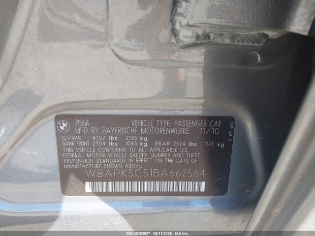45353627 :رقم المزاد ، WBAPK5C51BA662564 vin ، 2011 Bmw 328i Xdrive مزاد بيع