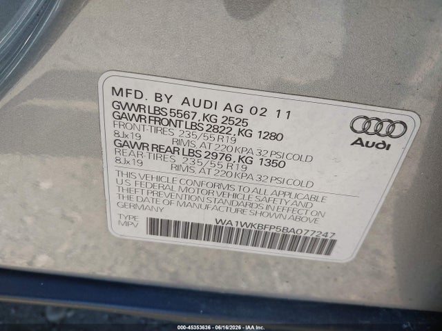 Продажа на аукционе авто 2011 Audi Q5 3.2 Premium Plus, vin: WA1WKBFP5BA077247, номер лота: 45353636