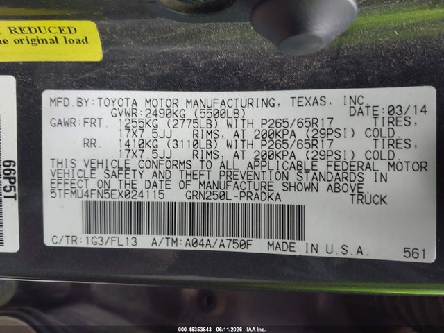 2014 Toyota Tacoma Base V6 მანქანა იყიდება აუქციონზე, vin: 5TFMU4FN5EX024115, აუქციონის ნომერი: 45353643