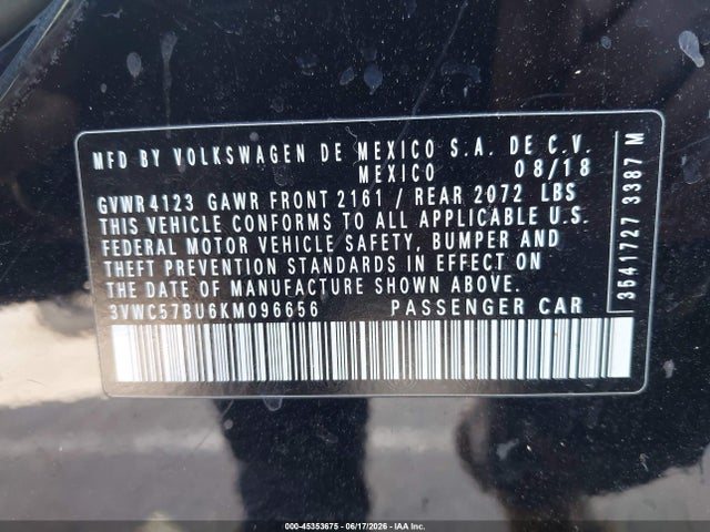Aukcja sprzedaży 2019 Volkswagen Jetta 1.4t R-line/1.4t S/1.4t Se, vin: 3VWC57BU6KM096656, numer aukcji: 45353675