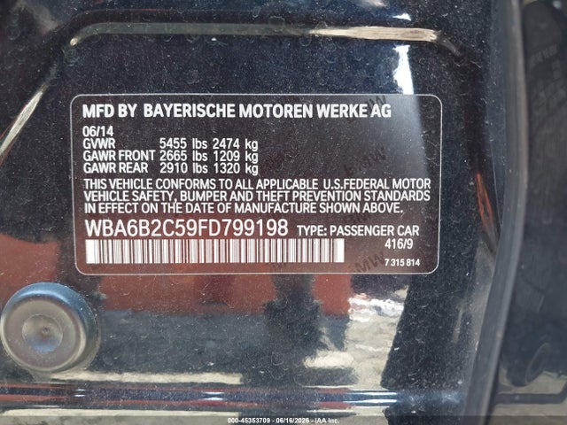 45353709 :رقم المزاد ، WBA6B2C59FD799198 vin ، 2015 Bmw 650i Gran Coupe مزاد بيع
