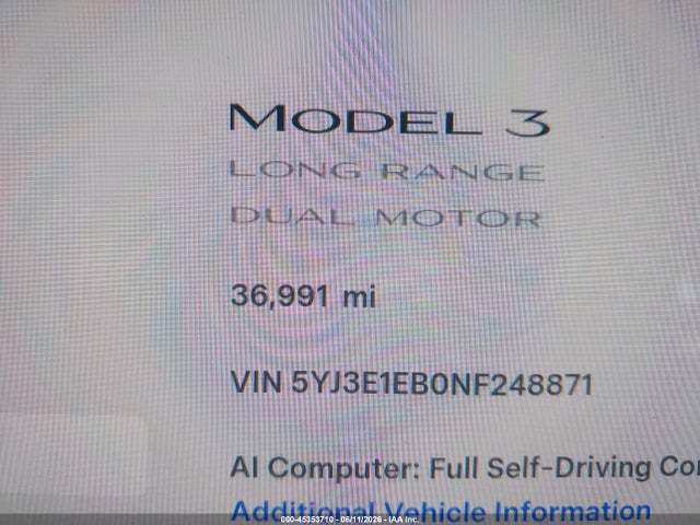 Aukcja sprzedaży 2022 Tesla Model 3 Long Range Dual Motor All-wheel Drive, vin: 5YJ3E1EB0NF248871, numer aukcji: 45353710