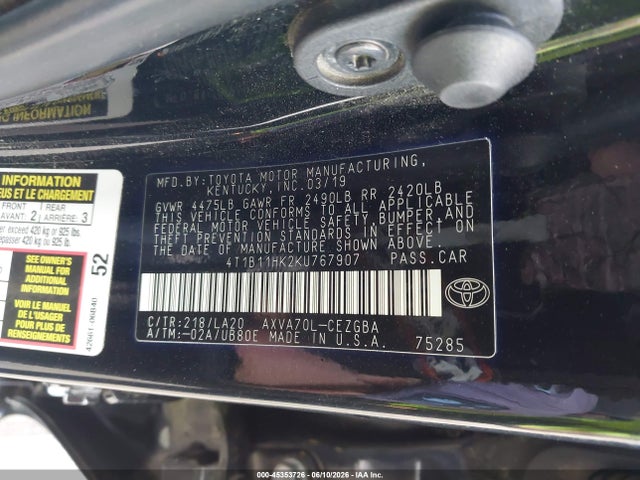 4T1B11HK2KU767907 Toyota CAMRY XLE