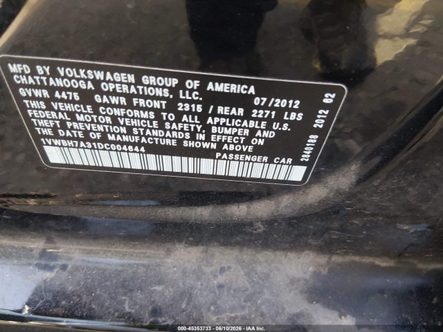 45353733 :رقم المزاد ، 1VWBH7A31DC004644 vin ، 2013 Volkswagen Passat 2.5l Se مزاد بيع