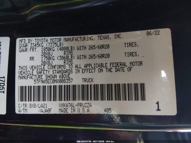 Toyota Tundra Platinum 2022 5TFNA5EC0NX008357 Image 9