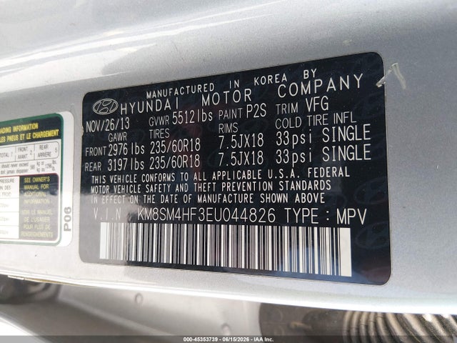Aukcja sprzedaży 2014 Hyundai Santa Fe Gls, vin: KM8SM4HF3EU044826, numer aukcji: 45353739